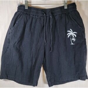Ouku Beach Shorts Mens Size XL Black Linen Blend Summer Palm Tree Drawstring‎
